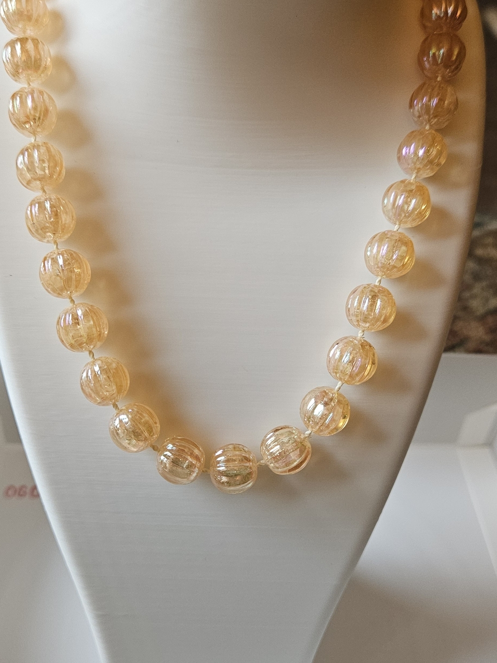 Vintage Peach Iridescent Glass Bead Necklace 9"